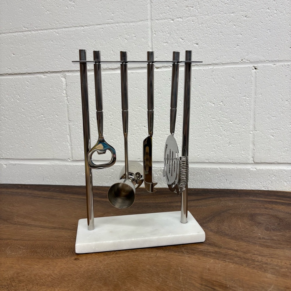 Vintage Silver Bar Tool Set on White Marble Stand